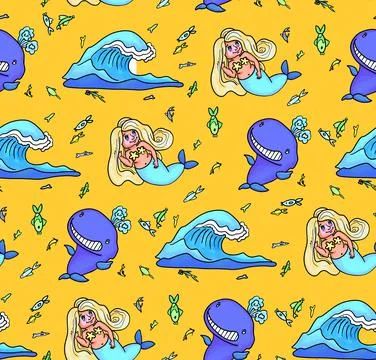 Seamless pattern with whale, wave, fish, mermaid Stock Illustration