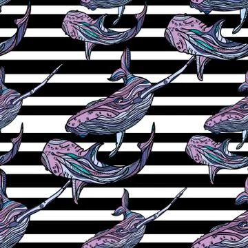 Seamless pattern with whales and black stripes. Stock Illustration