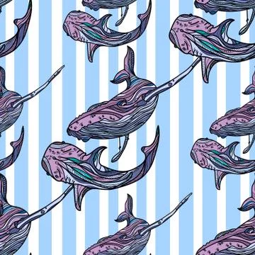 Seamless pattern with whales and blue stripes. Stock Illustration