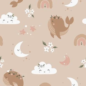 Seamless pattern with whales and moon in Scandinavian style. Cute baby animals Stock Illustration
