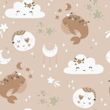 Seamless pattern with whales and moon in Scandinavian style. Cute baby animals Stock Illustration