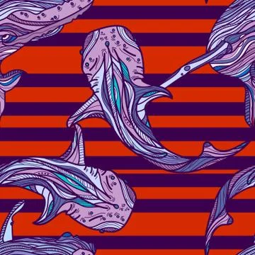 Seamless pattern with whales and red stripes. Stock Illustration