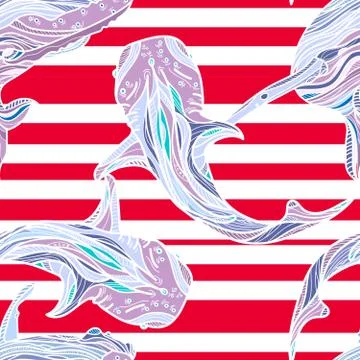 Seamless pattern with whales and stripes. Stock Illustration