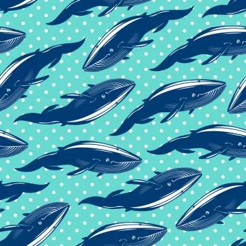 Seamless pattern with whales on blue dotted background Stock Illustration