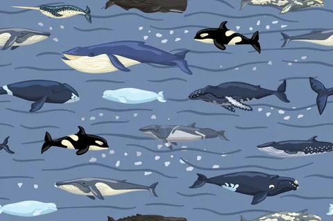 Seamless pattern whales on blue with waves and smudge background. Print of ca Illustrazione stock