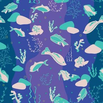Seamless pattern with whales, seaweeds, corals and fish. Stock Illustration