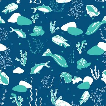 Seamless pattern with whales, seaweeds, corals and fish. Stock Illustration
