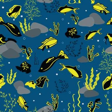 Seamless pattern with whales, seaweeds, corals and fish. Stock Illustration