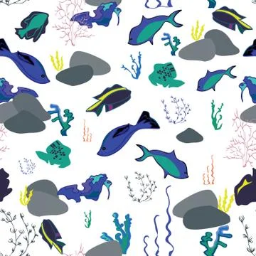 Seamless pattern with whales, seaweeds, corals and fish.yel Stock Illustration