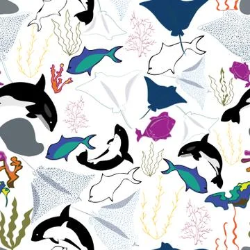 Seamless pattern with whales, seaweeds, corals and fish. Stock Illustration