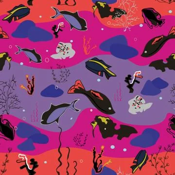 Seamless pattern with whales, seaweeds, corals and fish. Illustrazione stock
