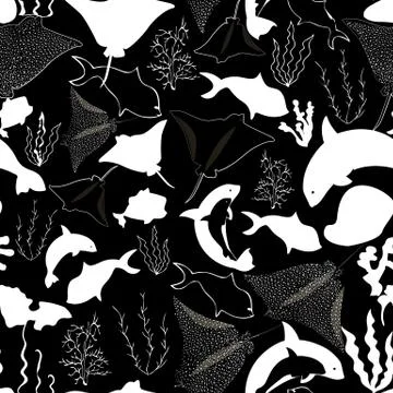 Seamless pattern with whales, seaweeds, corals and fish. Stock Illustration