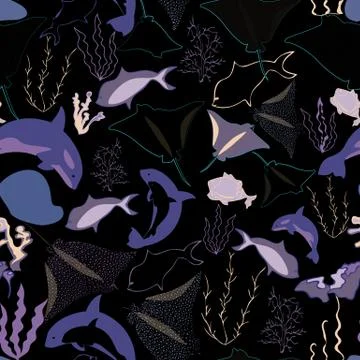 Seamless pattern with whales, seaweeds, corals and fish Stock Illustration