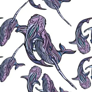 Seamless pattern with whales on white background. Stock Illustration