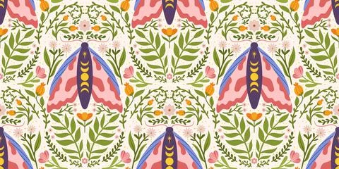 Seamless pattern with whimsical moth, flowers and leaves. Scandi style delica Stock Illustration
