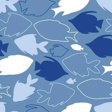 Seamless Pattern with White and Blue Fish Silhouettes. Stock Illustration