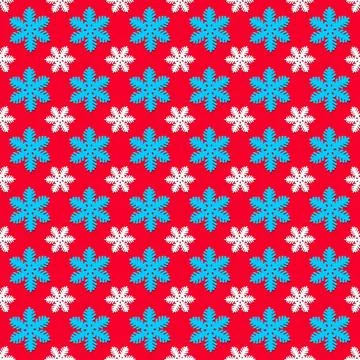 Seamless pattern with white and blue snowflakes on red background. Christmas Stock Photos