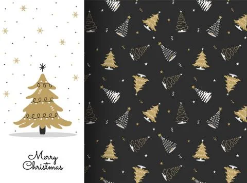 Seamless pattern with white and gold christmas tree. Winter season element. New Illustrazione stock