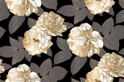 Seamless pattern with white and gold roses and grey leaves on black background Stock Illustration