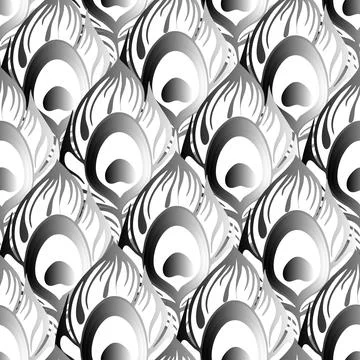 Seamless pattern of white and gray volumetric peacock feathers, texture Stock Illustration