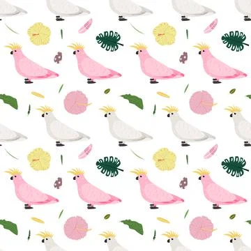 Seamless pattern with white and pink parrots cockatoo and tropical leaves and Stock Illustration