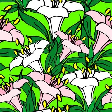 Seamless pattern of white and pink large flower buds on a green background Stock Illustration