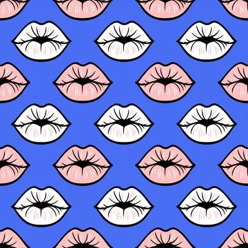 Seamless pattern with white and pink lips. Bold outlines, modern pop art fl.. Stock Illustration