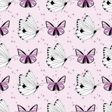 Seamless pattern with white and purple butterflies on pink background with st Stock Illustration