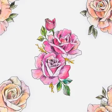 Seamless pattern of white and red roses on a white background. Stock Illustration