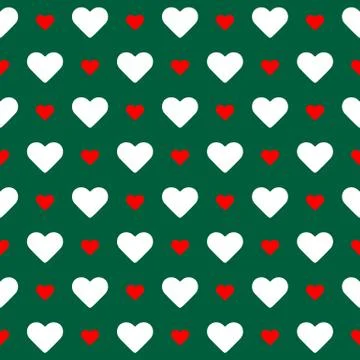 Seamless pattern. White and red hearts over green background. Stock Illustration