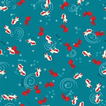Seamless pattern White and red koi carp swimming in blue pond water top view Stock Illustration