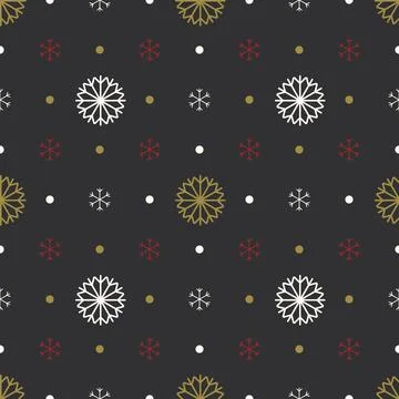 Seamless pattern with white and red snowflakes, gold dots on black background Illustrazione stock