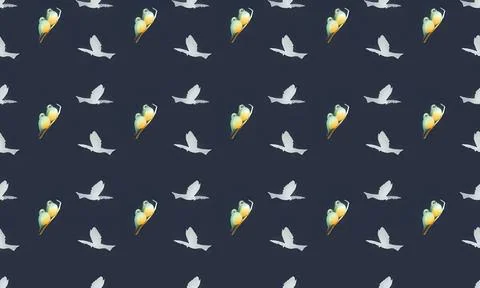 Seamless pattern of white and yellow parrots flying on dark background Stock Illustration