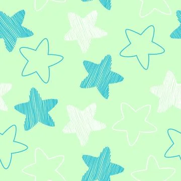 Seamless pattern with white ang blue stars in outline style on light green Stock Illustration