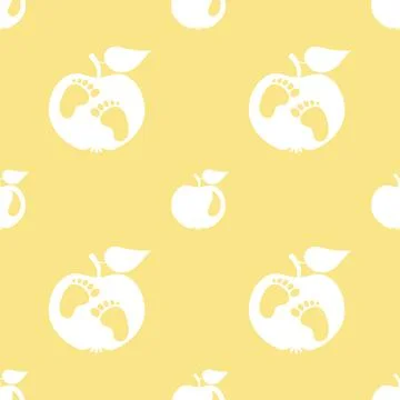 Seamless pattern with white apples and baby feet on yellow background Stock Illustration