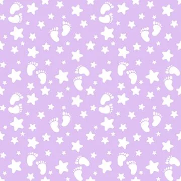 Seamless pattern with white baby feet and stars on purple background Stock Illustration