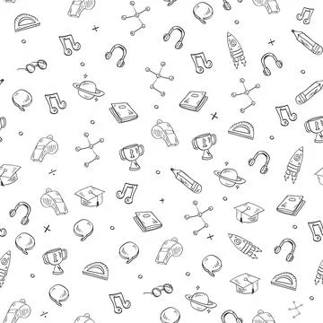 Seamless pattern on white background children's school doodles, cups, medal.. Stock Illustration