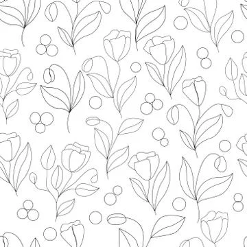 Seamless pattern on a white background - delicate flowers in a linear style, for Stock Illustration