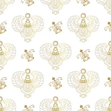 Seamless pattern on a white background. Golden beetle with spread wings. Scar Stock Illustration