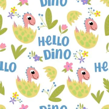 Seamless pattern on a white background with the image of pink baby dinosaurs in Illustrazione stock