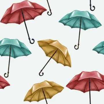 Seamless pattern on a white background. Multicolored umbrellas. Blue, red and Stock Illustration