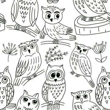 Seamless pattern on a white background with owls Stock Illustration