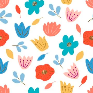 Seamless pattern on a white background, pink, blue and red flowers, yellow Stock Illustration