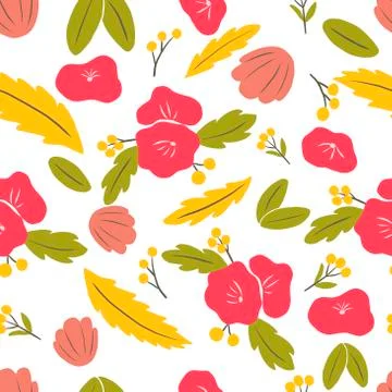 Seamless pattern on a white background, pink and red flowers, yellow leaves in Stock Illustration