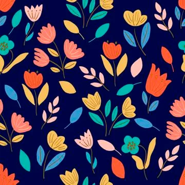 Seamless pattern on a white background, pink, blue and red flowers, yellow Stock Illustration