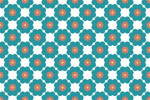 Seamless pattern. White background, shaped circle flowers, squares and stars  Illustrazione stock