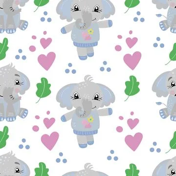 Seamless pattern on a white background, in vector graphics - blue, cute elephant Stock Illustration