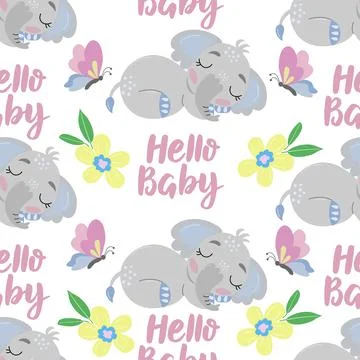 Seamless pattern on a white background, in vector graphics - blue, cute elephant Stock Illustration