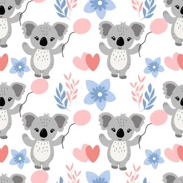 Seamless pattern on a white background, in vector graphics - cute koala , leaves イラスト素材