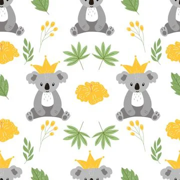 Seamless pattern on a white background, in vector graphics - cute koala , leaves イラスト素材